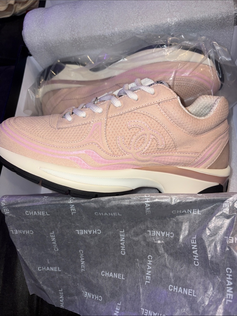CHANEL Pink and Cream Leather Logo Runner Sneakers - Picture 2 of 7